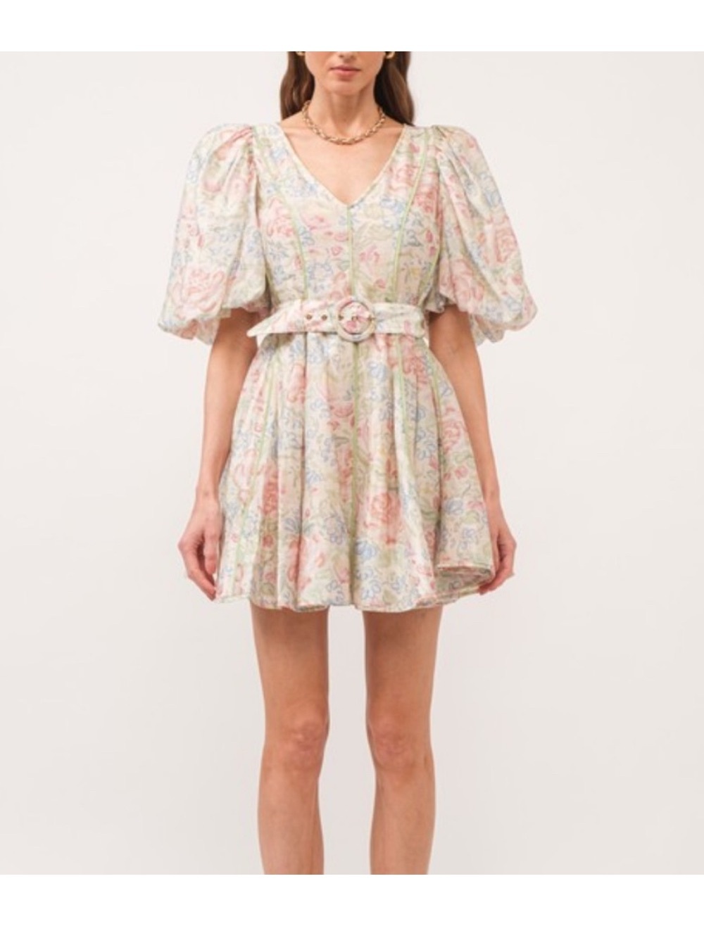 Pastel Paisley Puff-Sleeve Mini Dress with Belted Waist